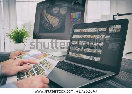 photographer camera editor monitor design laptop photo screen photography - stock image