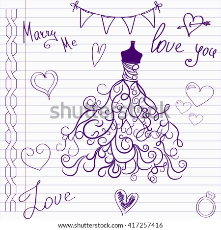 Wedding drawings. Sketch wedding dress on notebook page.Hand drawn wedding template. Wedding invitation in doodle style.Merry me. Love. Wedding dress.