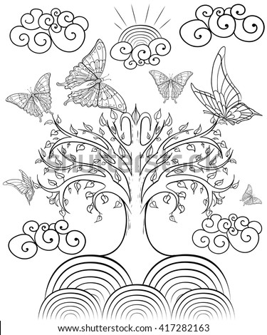 Hand drawn ink pattern. Coloring book Coloring for adult. butterflies.