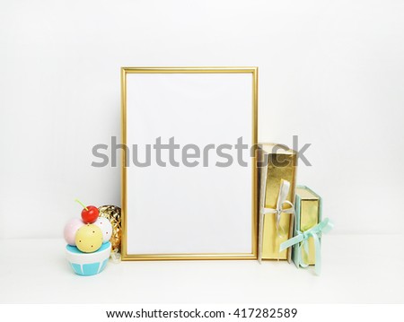 Frame mockup. Place for your photo or text and work, print art, shabby style, white background. Gold book. gold picture frame with decorations.