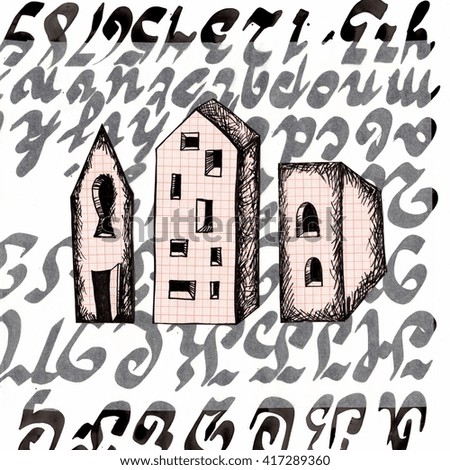 The hand made applique illustration of the three houses with the transparent background and letters made with the different paper textures and ink pen 