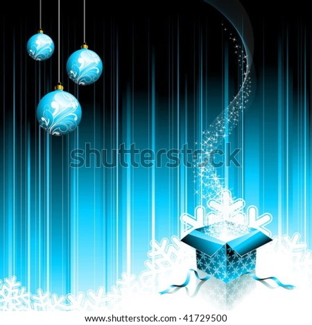 Vector Christmas illustration with magic gift box and glass ball on blue background.