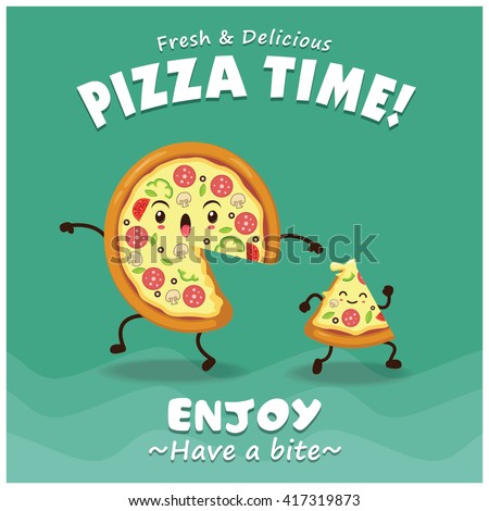 Vintage Pizza poster design with vector pizza character. 
