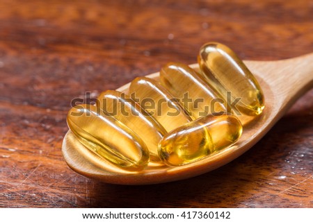 Fish oil capsule in the spoon is nutrition food for healthy.