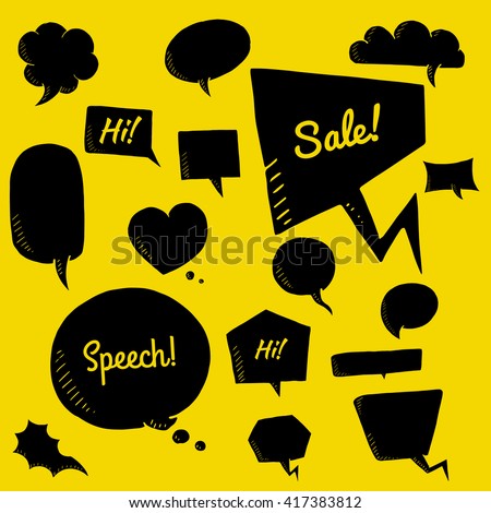 Vector set of talk and think bubbles on yellow background , group of blackdoodle speech bubles