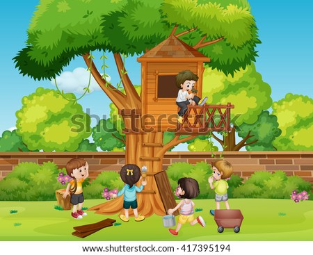 Children building treehouse in the park illustration