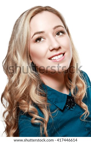 close up portrait of young pleased woman isolated on white background