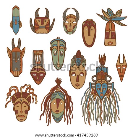 Hand drawn african masks. Vector set.