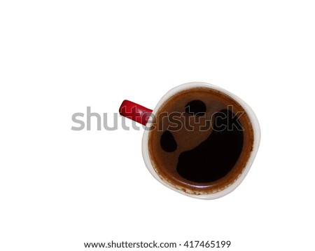 Funny Detail Photography of Smiley Face on Coffee.Coffee Cup isolated on White Background.