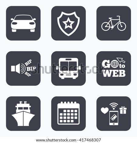 Mobile payments, wifi and calendar icons. Transport icons. Car, Bicycle, Public bus and Ship signs. Shipping delivery symbol. Family vehicle sign. Go to web symbol.