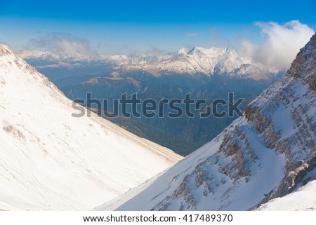 Beautiful amazing day.  Mountains in north country Russia Caucasus. Winter sunny landscape.  