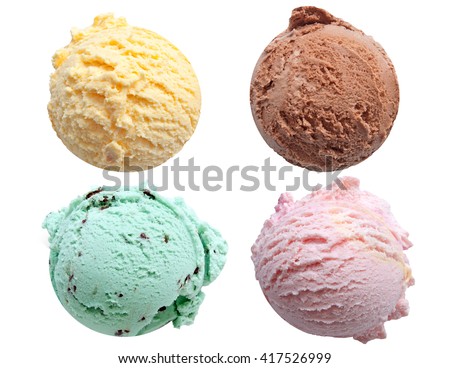 Four ice cream scoops isolated on a white background including vanilla, chocolate, mint and strawberry Royalty-Free Stock Photo #417526999