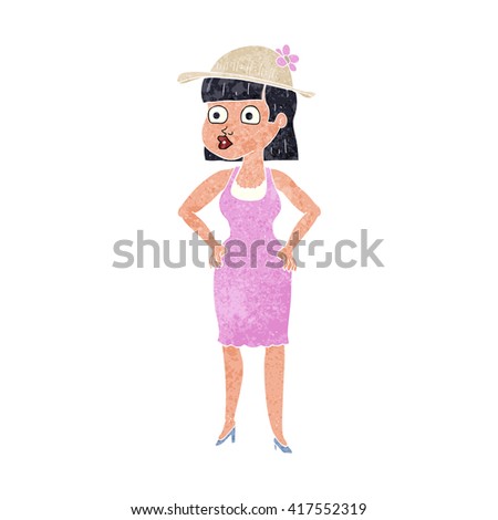 freehand retro cartoon woman wearing sun hat