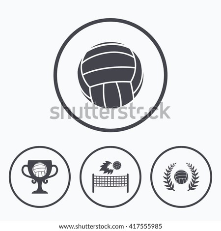 Volleyball and net icons. Winner award cup and laurel wreath symbols. Beach sport symbol. Icons in circles.