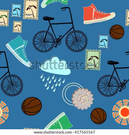 Seamless pattern with bicycle, ball, gumshoes, keds, rainy cloud, sun, postal stamps wit palm and sea on it.