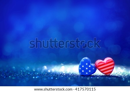 The American flag Heart shapes on abstract light glitter background ,concept for 4th July Independence day