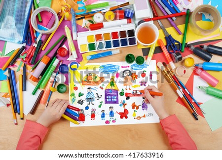 cartoon people happy lifestyle collection, child drawing, top view hands with pencil painting picture on paper, artwork workplace