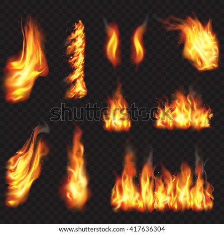 Realistic fire flames effect, vector illustration set.
