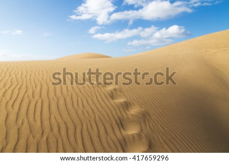 Footprints through the desert Masapalomas national park sand dunes Canary Islands Spain
