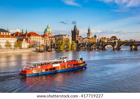 Prague, Czech Republic skyline with historic Charles Bridge. Boat cruise on Vltava river Royalty-Free Stock Photo #417719227