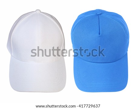 Front view white and blue baseball cap isolated on white background.