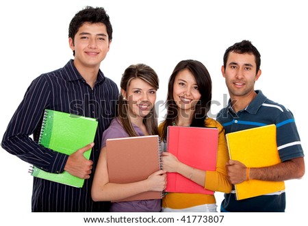 Group of students with notebooks isolated over a white background