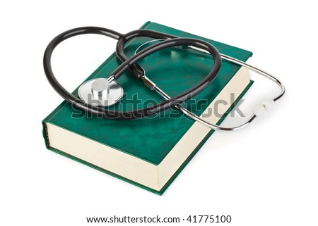 Stethoscope and book isolated on white background