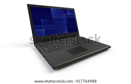 3d render of a black laptop isolated on white. The screen shows a blue abstract squares  image.  the screen is open and facing forward