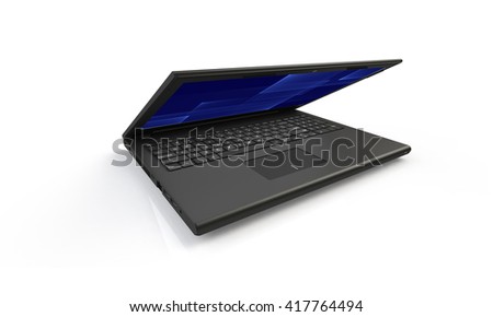 3d render of a black laptop isolated on white. The screen shows a blue abstract squares  image.   the laptop screen is half closed and facing forward