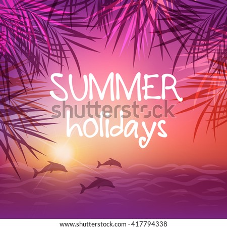 Summer tropical background with palm leaves and dolphins. Tropical sunset and sea.