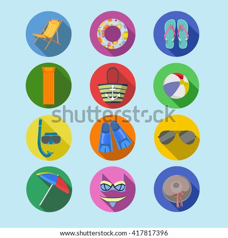 Twelve icons for summer: folding bed, float, beach slippers, mattress, bag, ball, dive mask, fins, glasses, beach umbrella, swimsuit, hat