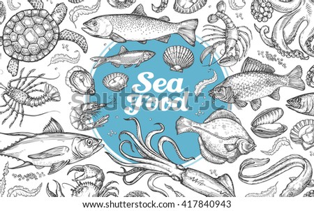 seafood or underwater world. hand-drawn sketches. vector illustration