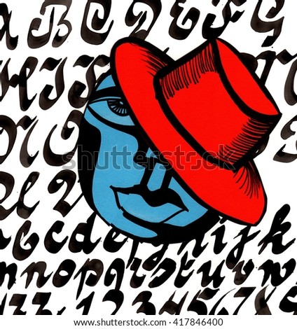 The colored illustration of a sad blue head in a red hat and letters hand made with the different paper textures and ink pen
