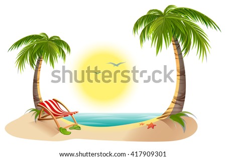 Beach chaise longue under palm tree. Summer vacation in tropics. Cartoon vector illustration