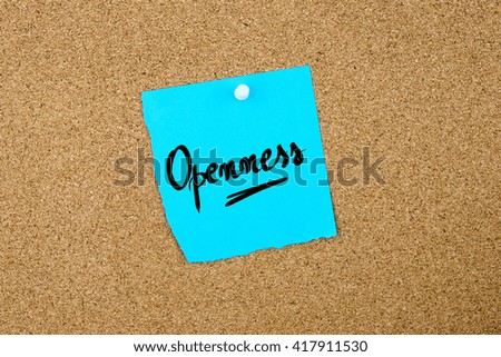 Openness written on blue paper note pinned on cork board with white thumbtacks, copy space available