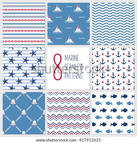 Sea seamless patterns, nautical design, marine elements.
Boat, bell, fish, starfish, anchor, rope, chevron, chain, wave.