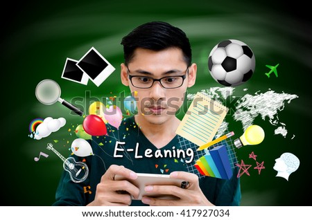 E-Learning concept with young man holding his smart phone