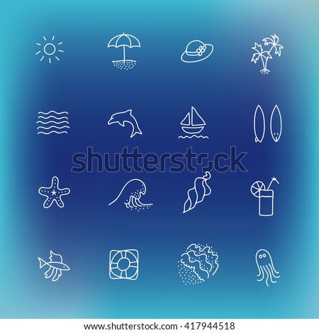 Summer icon set. Hand drawn design element. Collection of vector line icons. Suitable for website design or printed products of travel company. Items related to the beach and swimming in the sea