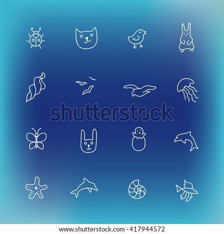 Hand drawn vector line icon set for website design or printed products for kindergarten, veterinary clinic, greeting card, zoo. Icons set of animals, birds, insects. Icons of cute and friendly animals