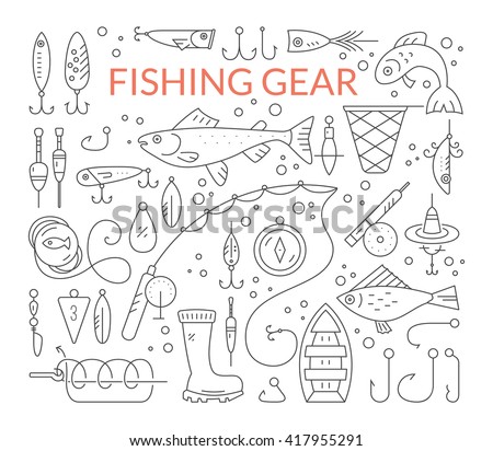 Big collection of fishing gear - fishing rod, fishing tackle, fishing bobber and floater, salmon, trout, boat. Vector line style set of fishing clipart.