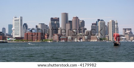 Boston skyline, view from the ocean, United States of America
