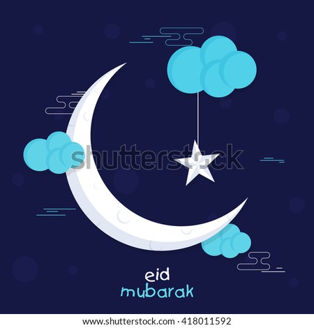 Muslim Community Festival, Eid Mubarak celebration with crescent Moon and Stars on creative clouds decorated blue background.