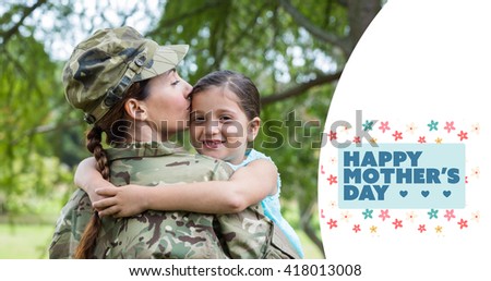 Mother in army uniform kissing daughter against mothers day greeting