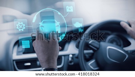 Car against businessman using a smartphone