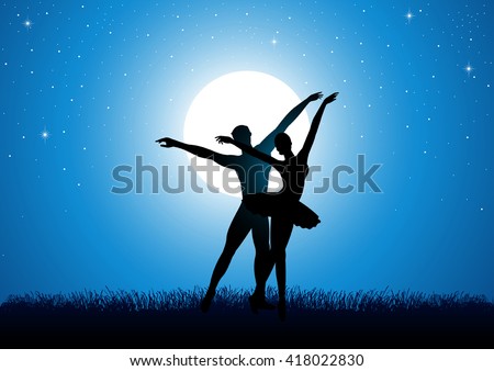 Silhouette illustration of a couple dancing ballet under full moon