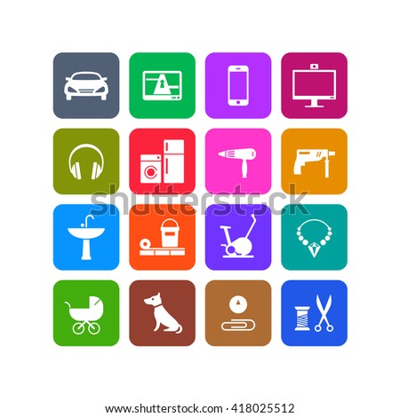 16 icons of different products categories for online shops
