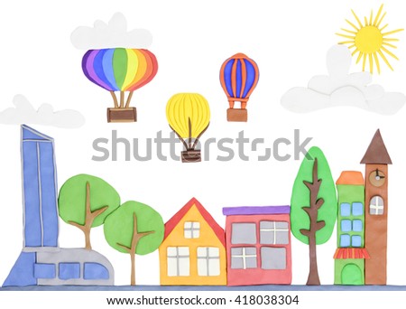 Colorful plasticine city with buildings, trees, air balloons, sun and sky  isolated on white background.