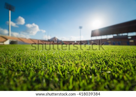 Green grass in soccer stadium.  Royalty-Free Stock Photo #418039384
