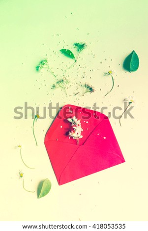 colored envelope with flowers scattered on pastel background, spring and summer time