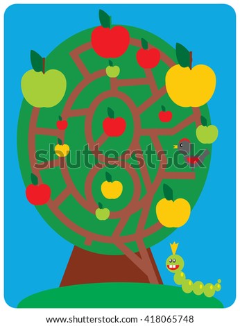 Help caterpillar to find way to biggest red apple in a tree maze. Educational game for children. Vector illustration
